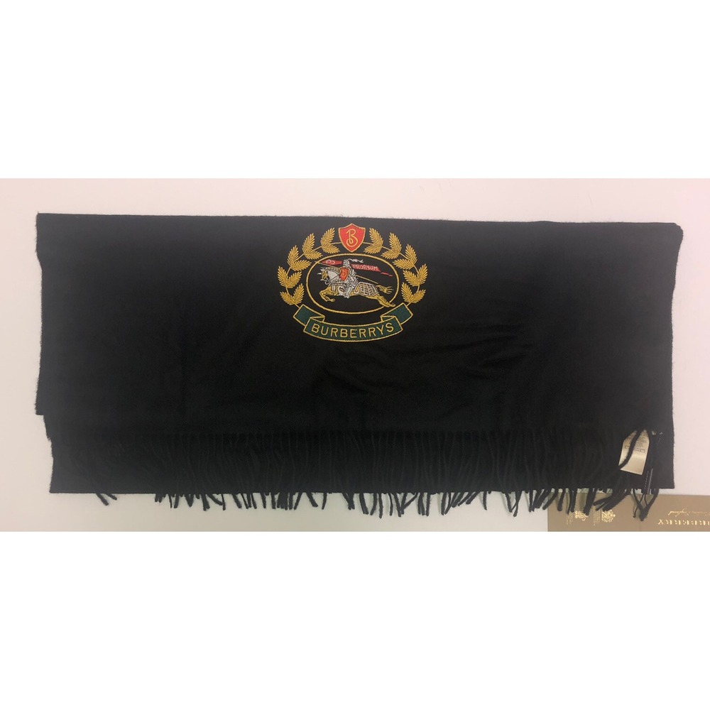 Burberry Stole Scarf Wrap Black Embroidered Crest 100% Cashmere Scotland NEW - Picture 7 of 11